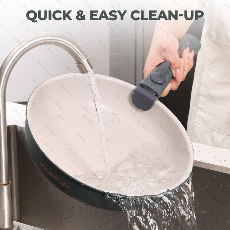 Person cleaning a pot with a scrubber under running water from a faucet, with text 'QUICK & EASY CLEAN-UP'.