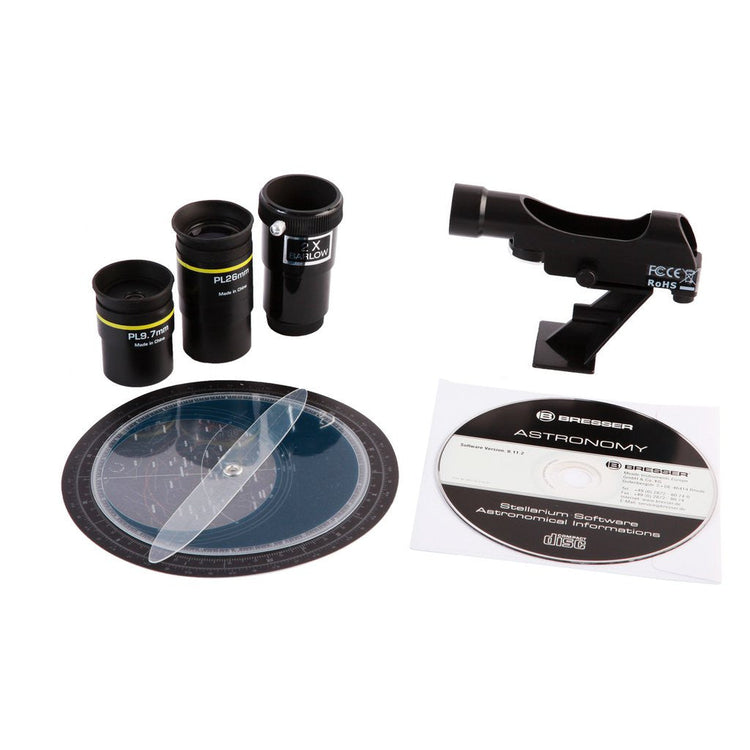 Astronomy telescope accessories including eyepieces, a solar filter, and a mount on a white background.