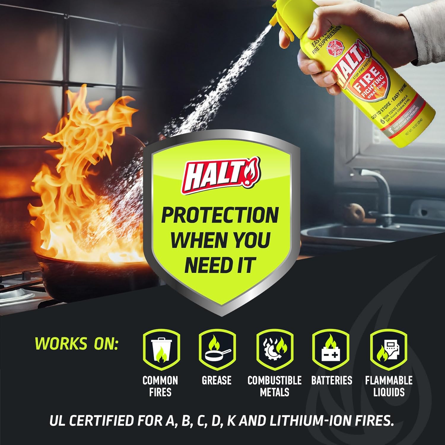 HALT fire extinguisher being used to put out a fire in a kitchen, with product branding and features highlighted.