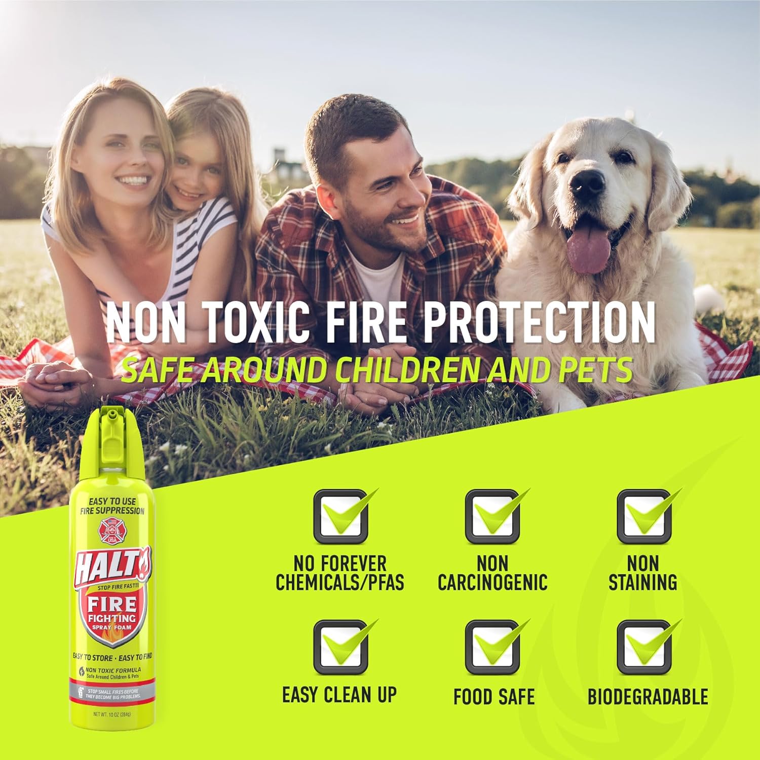 Family with a dog sitting in a field, promoting Halt! fire suppression product with safety features listed.