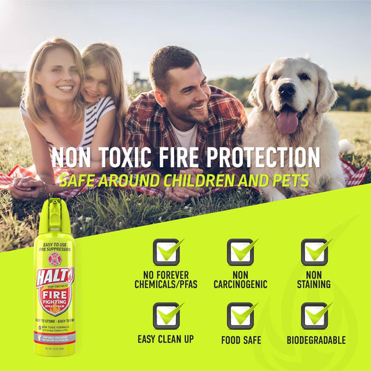 Four bottles of Halt fire fighting spray foam on a white background