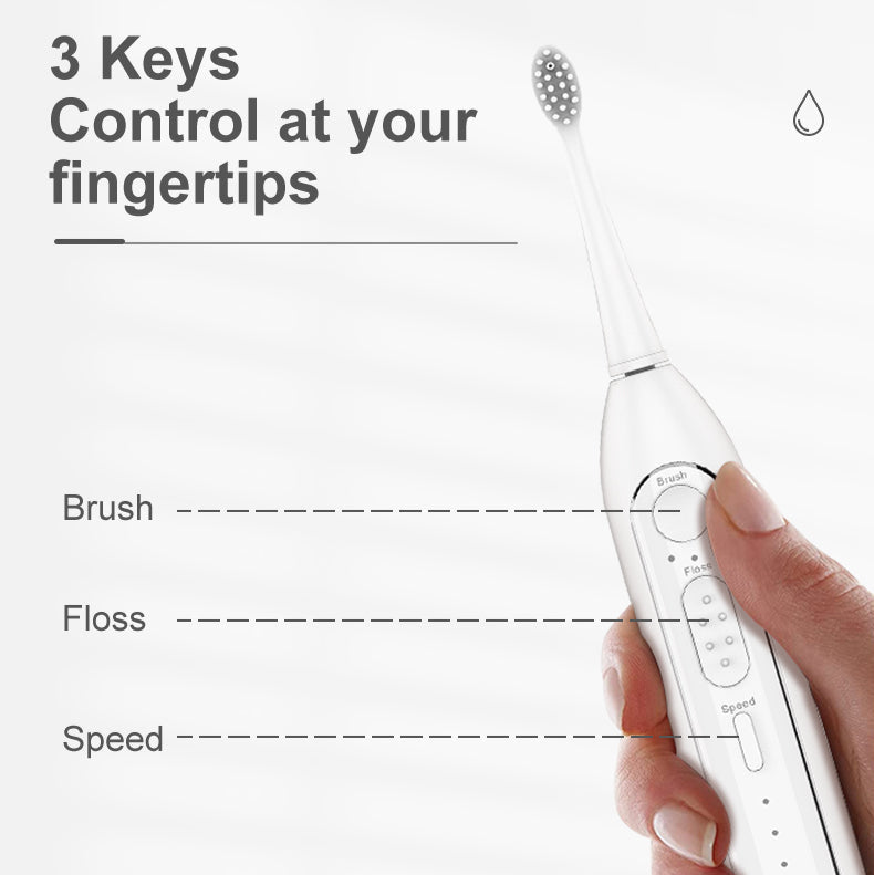 Electric toothbrush with labeled controls on a white background