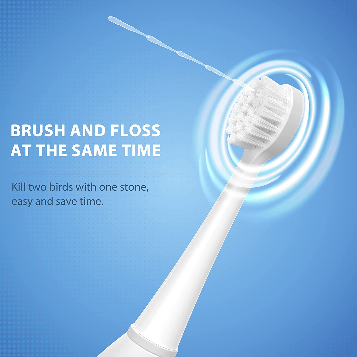 White toothbrush with floss on a blue background with text about brushing and flossing.