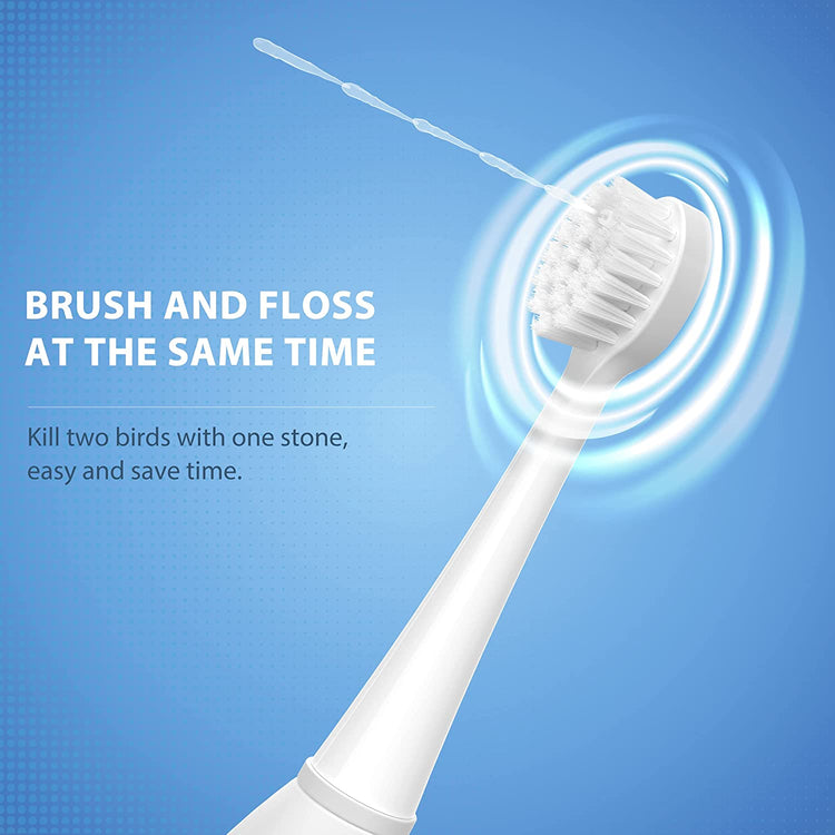 White toothbrush with floss on a blue background with text about brushing and flossing.