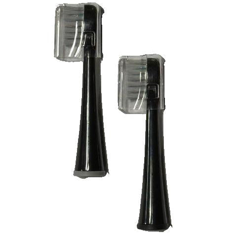Two black electric toothbrush heads with clear covers on a white background