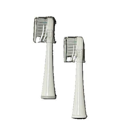 Two white electric toothbrush heads on a white background