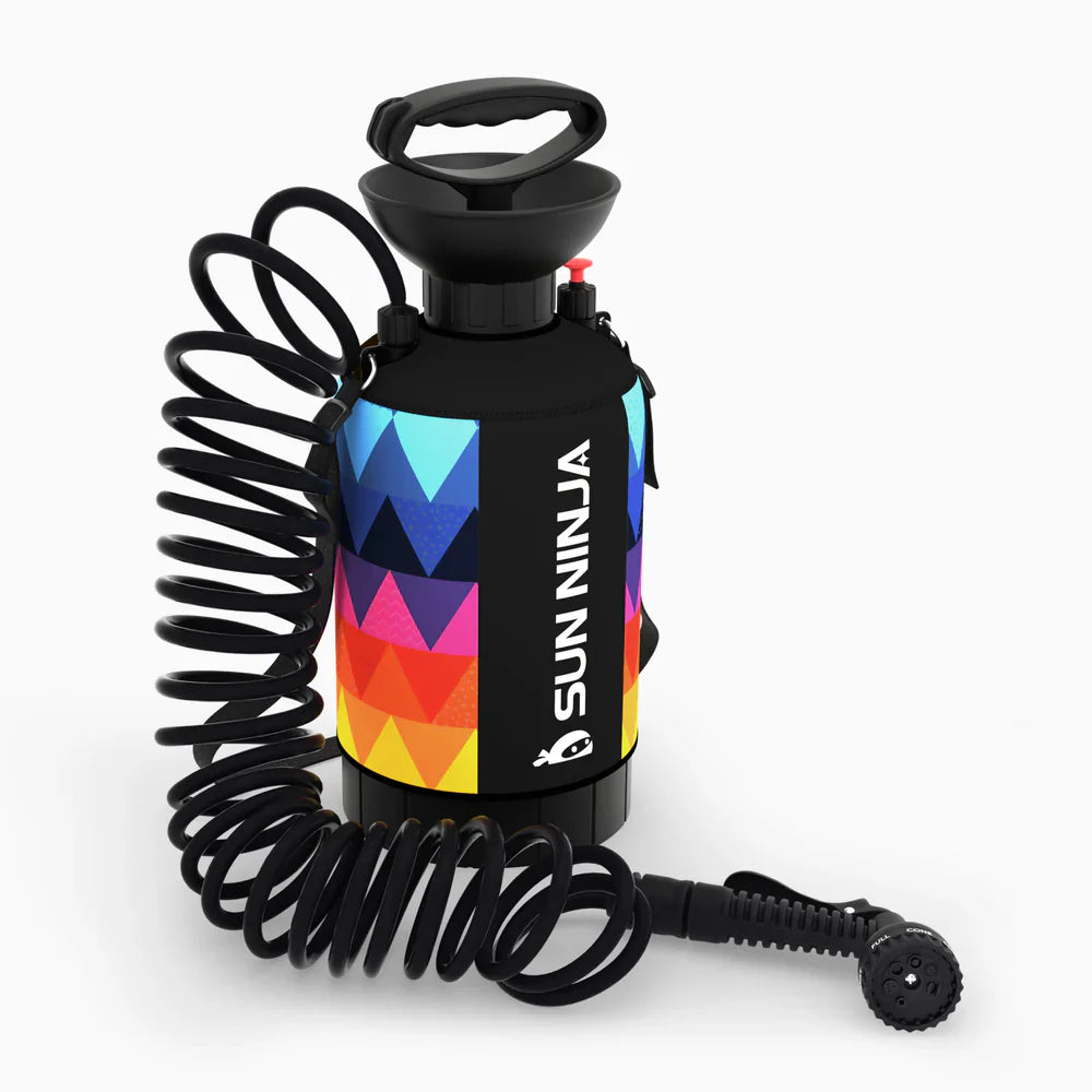 SunNinja spray bottle with colorful design and coiled hose on a white background