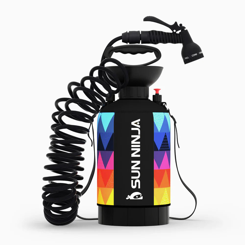 Spray bottle with colorful design and coiled hose on a white background