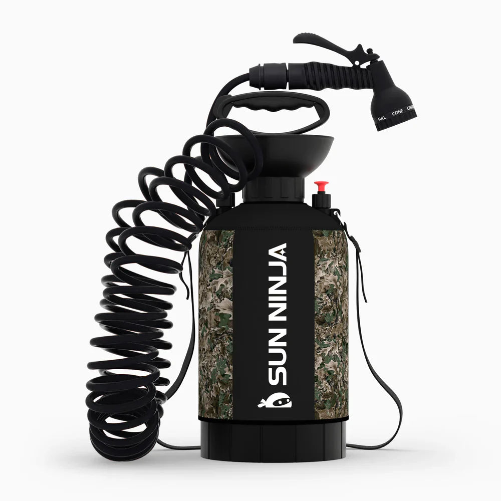 Camouflage spray bottle with coiled hose on a white background