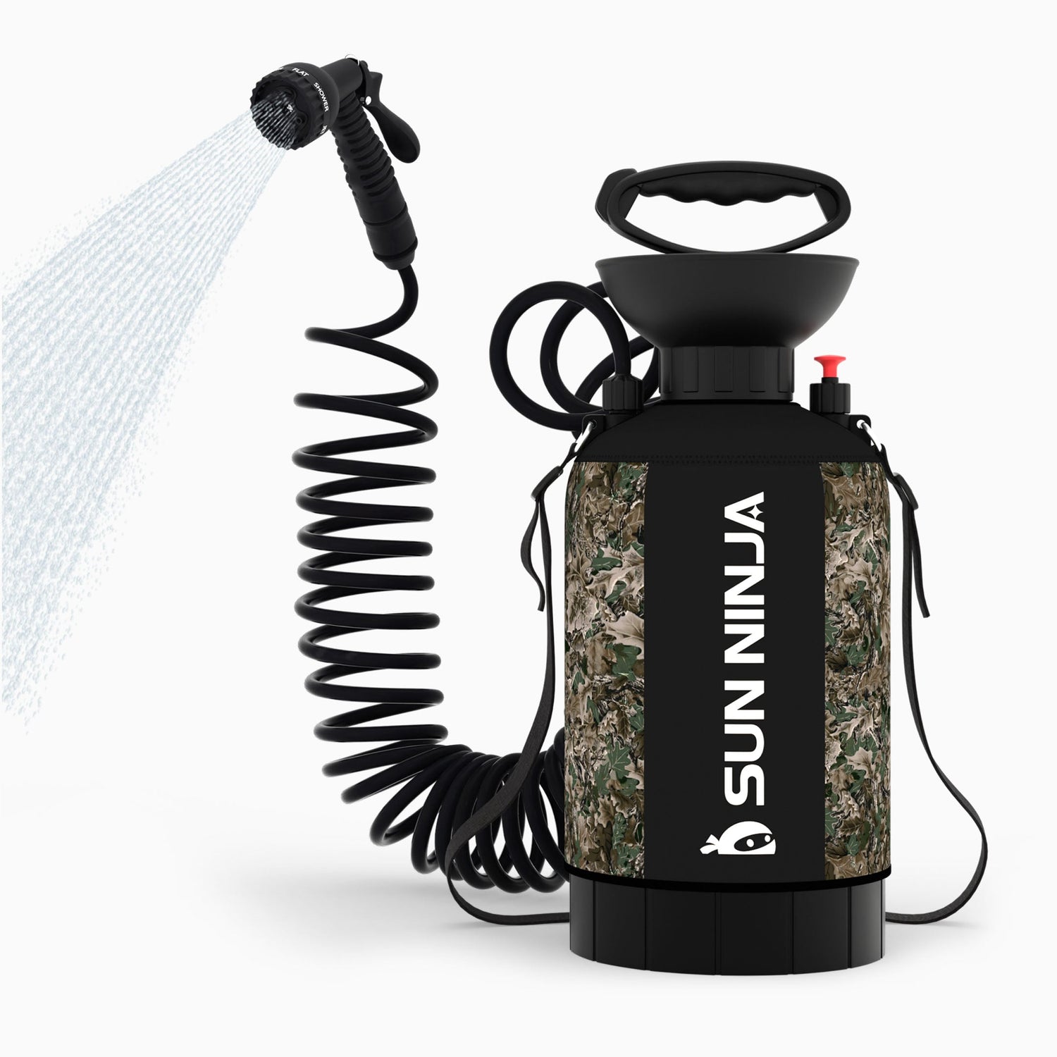 Camouflage spray bottle with coiled hose labeled 'Sun Ninja' on a white background