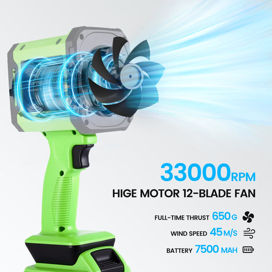 Green handheld leaf blower with battery pack on a blue background