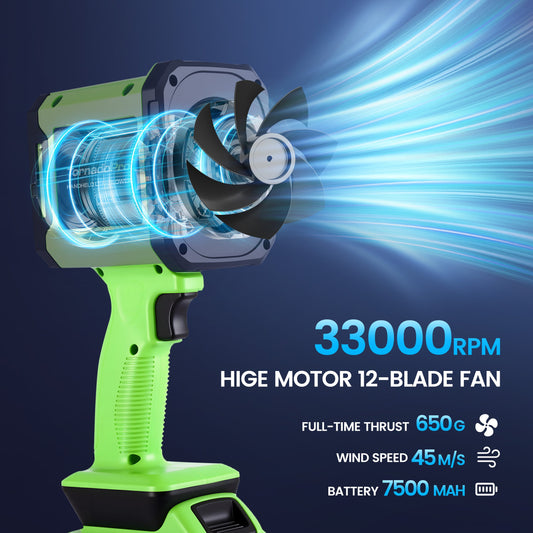 Green handheld leaf blower with battery pack on a blue background