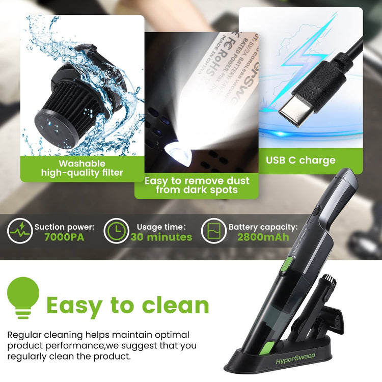 Product advertisement with features of a vacuum cleaner, including washable filter, USB C charge, and cleaning tips.