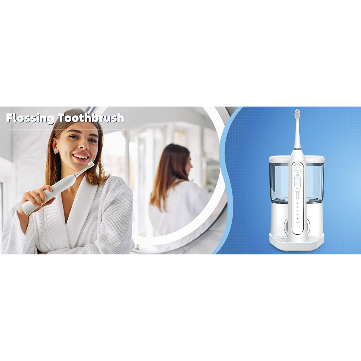 Woman using a flossing toothbrush with an image of a water flosser on a blue background.