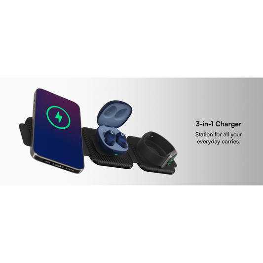 A black wireless charging pad with a built-in magnetic phone stand and nightlight feature.