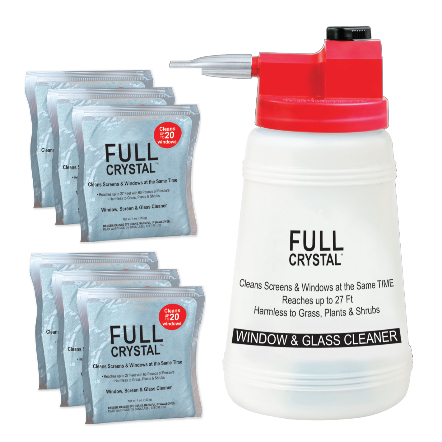 Full Crystal window and glass cleaner bottle with packets on a white background