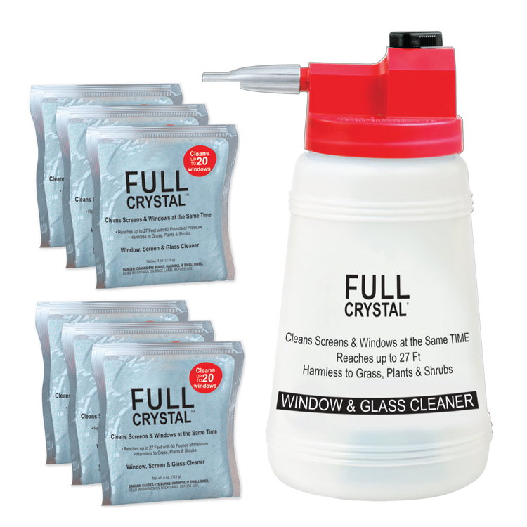 Full Crystal window and glass cleaner bottle with packets on a white background