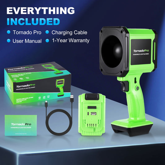 Green handheld leaf blower with battery pack on a blue background