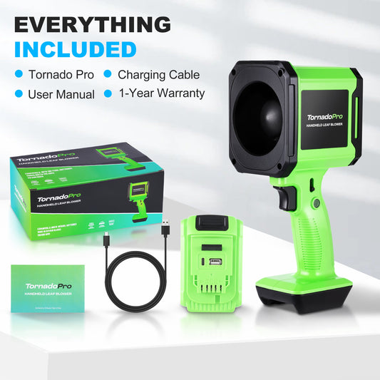 Green handheld leaf blower with battery pack on a blue background