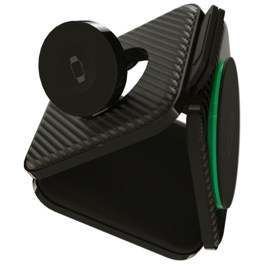 A black wireless charging pad with a built-in magnetic phone stand and nightlight feature.