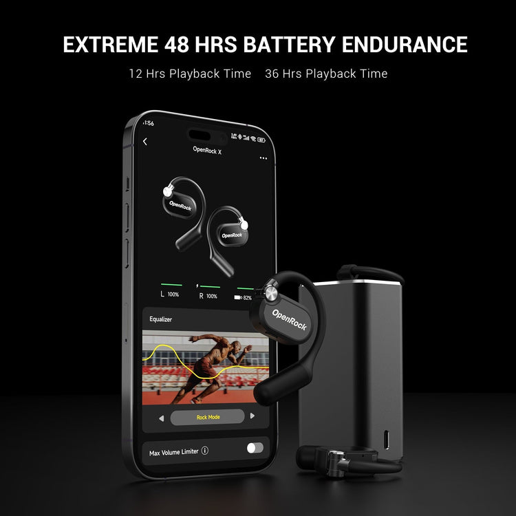 Bluetooth earbuds with smartphone displaying audio app on a black background