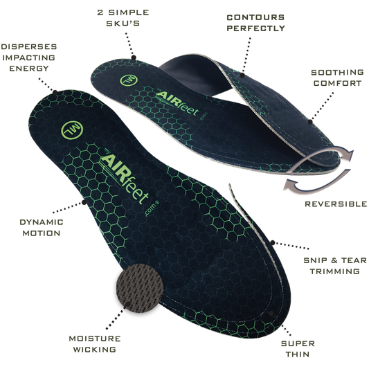 Two pairs of AIRfeet O2 shoe inserts with packaging on a white background.