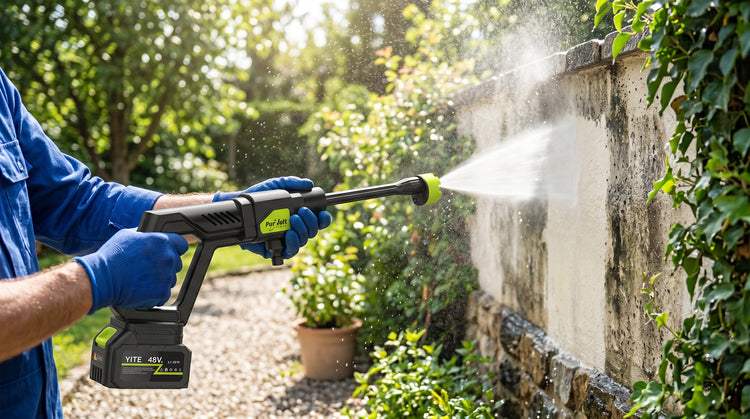 Person using a pressure washer to clean a stone wall outdoors.