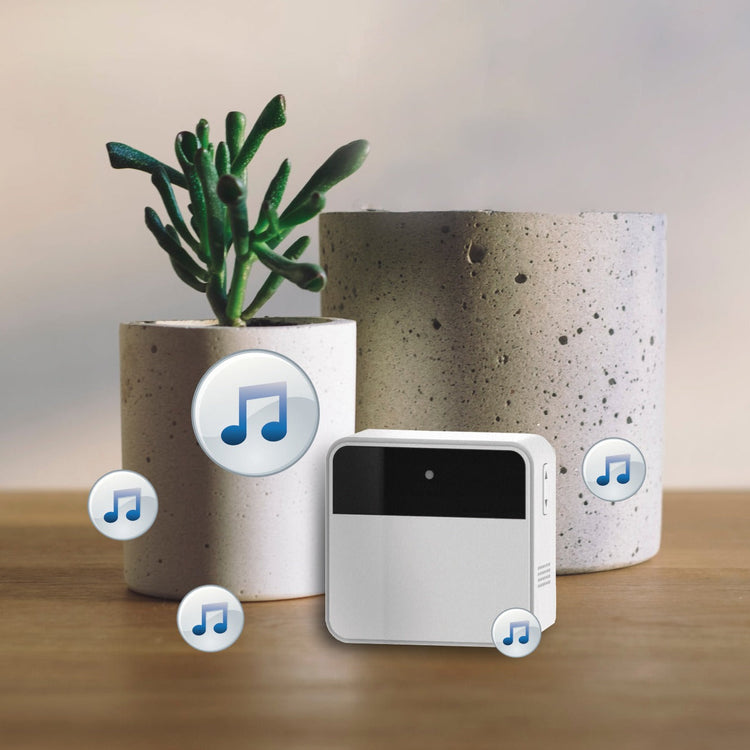 White electronic device with music icon symbols on a wooden surface with potted plants.