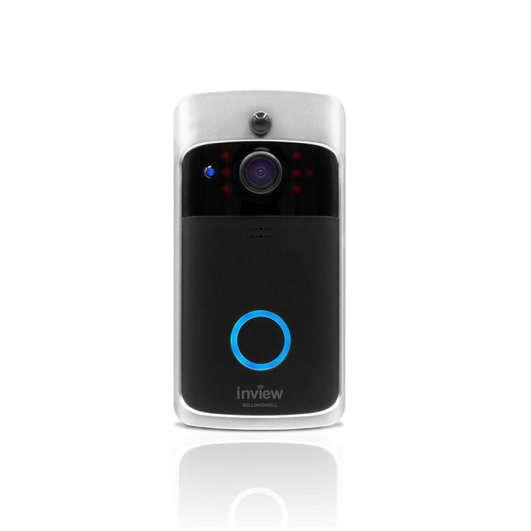 The image shows a Bell+Howell InView 1080p HD Video Doorbell with a chime on the left side. The doorbell is black and features a camera lens at the top, a blue button with a phone icon, and a white rectangular chime with a black strip on top.