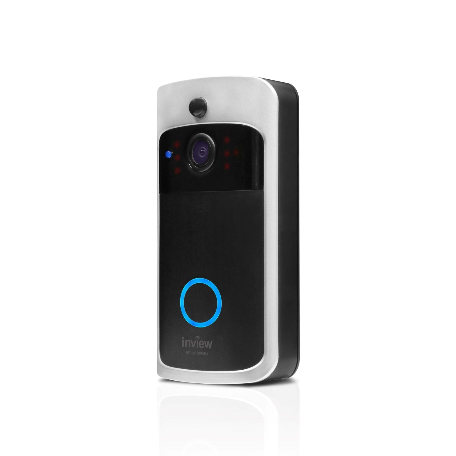Smart doorbell with a blue light on a white background