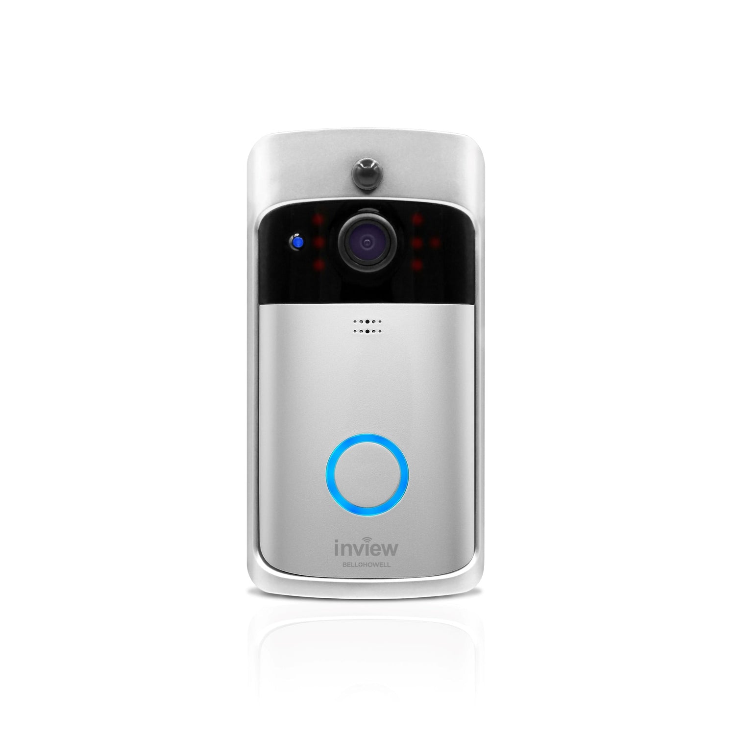 The image shows a Bell+Howell InView 1080p HD Video Doorbell with a chime on the left side. The doorbell is black and features a camera lens at the top, a blue button with a phone icon, and a white rectangular chime with a black strip on top.