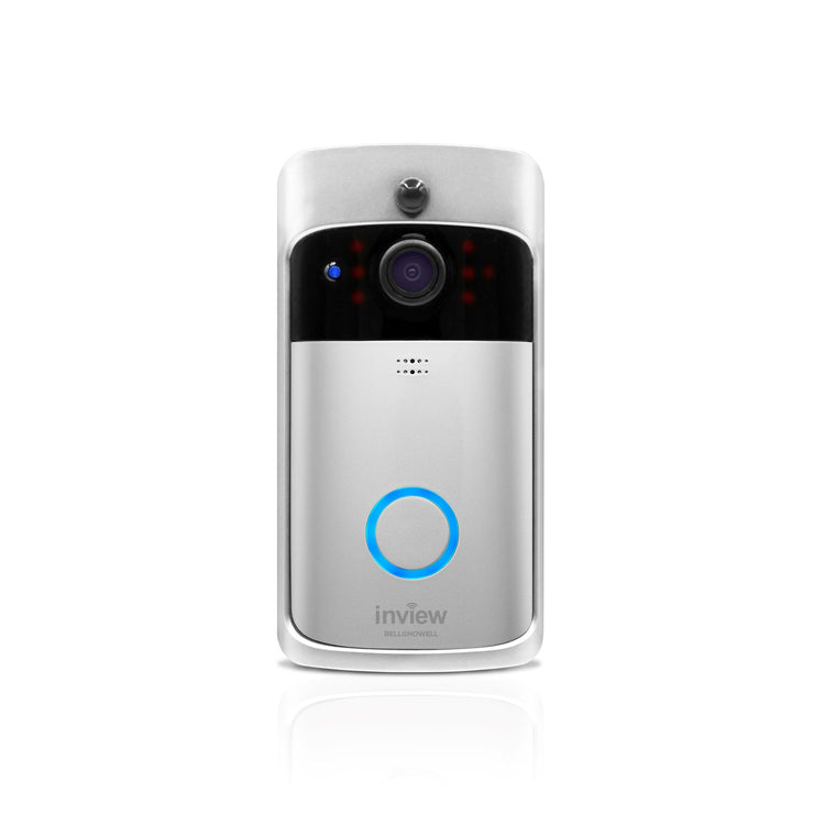 The image shows a Bell+Howell InView 1080p HD Video Doorbell with a chime on the left side. The doorbell is black and features a camera lens at the top, a blue button with a phone icon, and a white rectangular chime with a black strip on top.