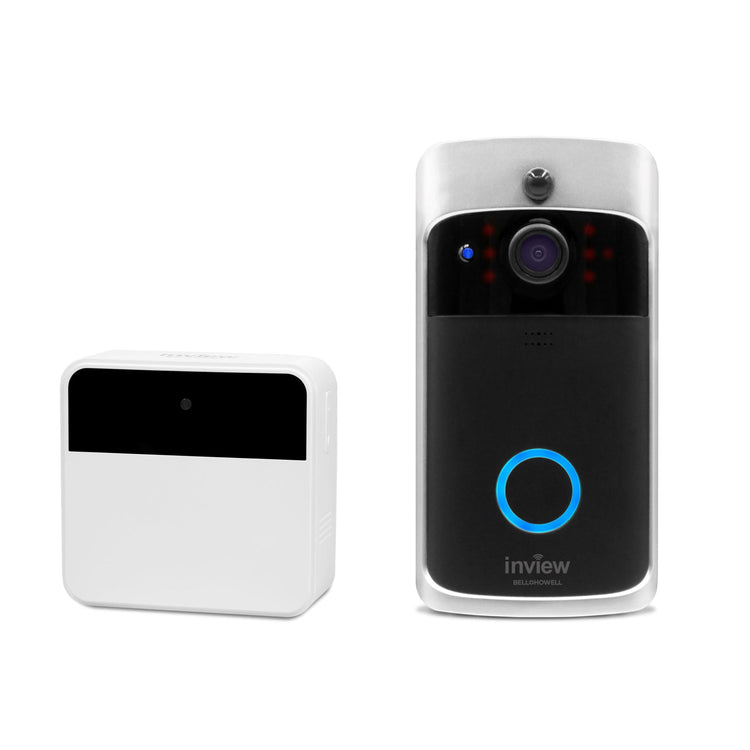 A BELL+HOWELL video doorbell with a camera above a button, predominantly white with a black front panel and blue accent ring.