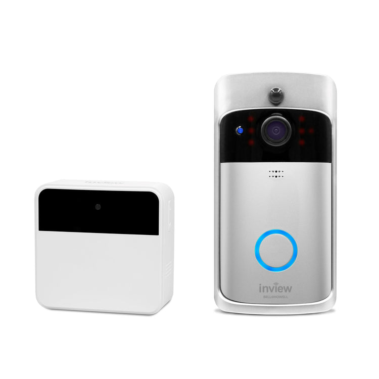 The image shows a Bell+Howell InView 1080p HD Video Doorbell with a chime on the left side. The doorbell is black and features a camera lens at the top, a blue button with a phone icon, and a white rectangular chime with a black strip on top.