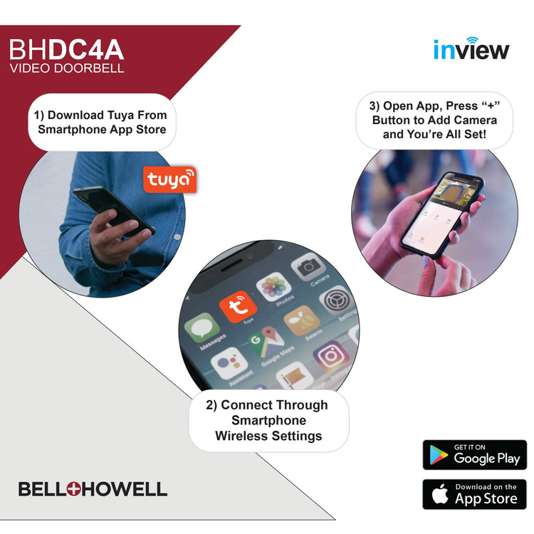 Instructions for setting up a video doorbell with smartphone app on a white background