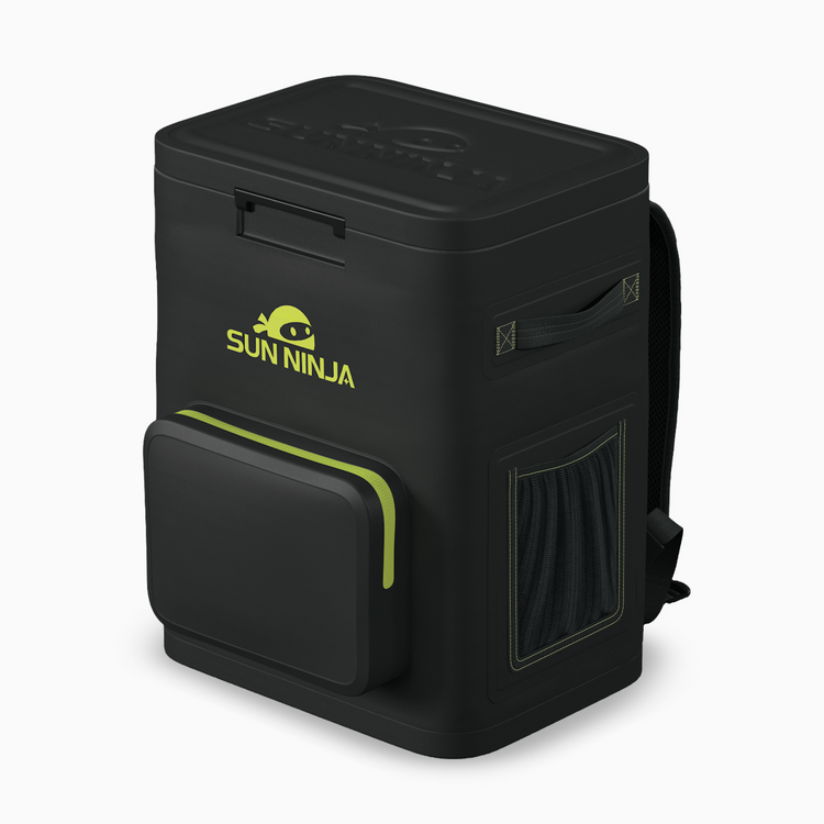 Black cooler bag with green accents and 'Sun Ninja' logo on a white background