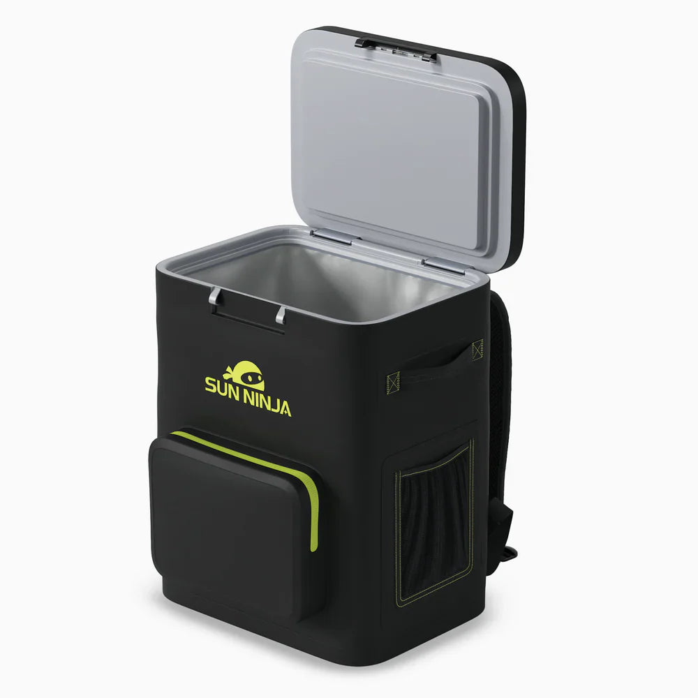 Black cooler bag with open lid on a white background, featuring the Sun Ninja brand.