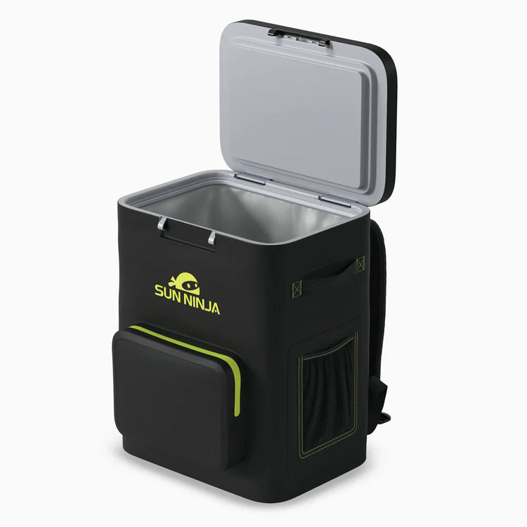 Black cooler bag with open lid on a white background, featuring the Sun Ninja brand.