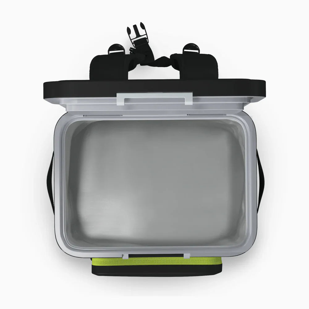 Open cooler with black lid and green base on a white background