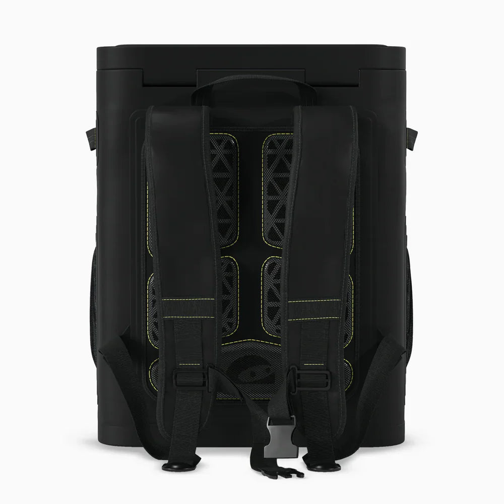 Black backpack with visible straps on a white background