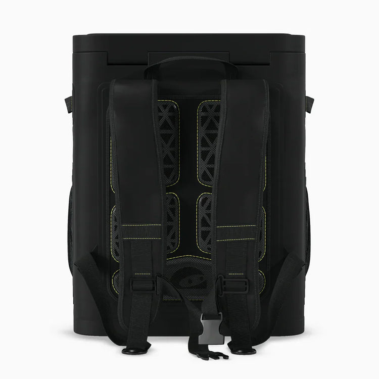 Black backpack with visible straps on a white background