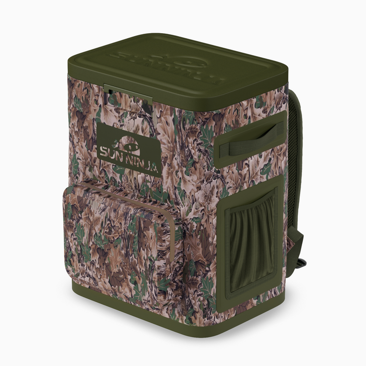 Camouflage cooler bag with green lid and side panel on a white background