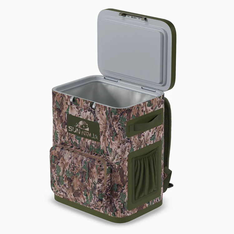 Camouflage-patterned cooler bag with a visible brand logo on a white background