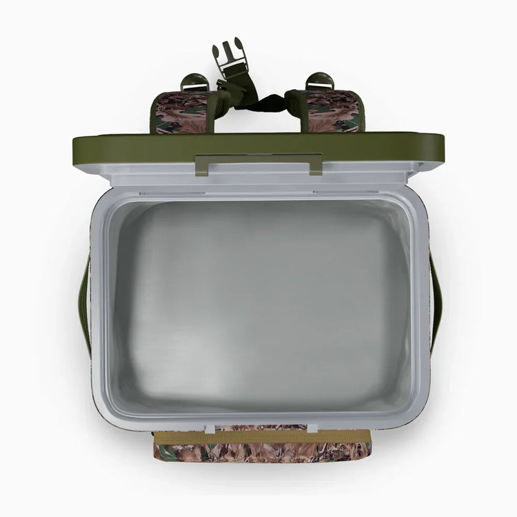 Cooler box with camouflage straps on a white background