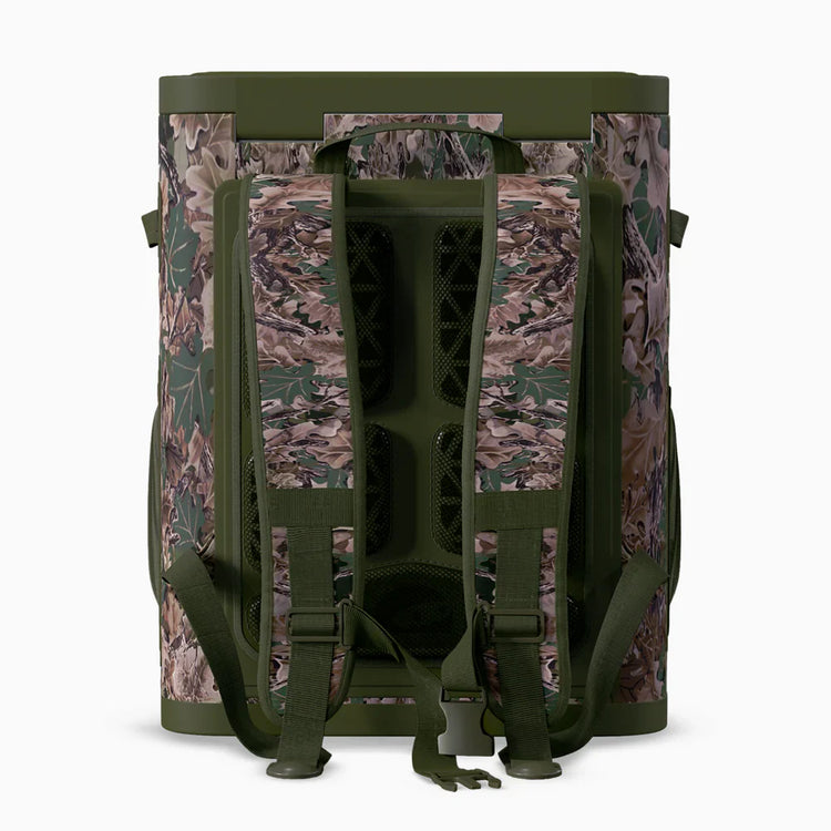 Camouflage backpack with green straps on a white background