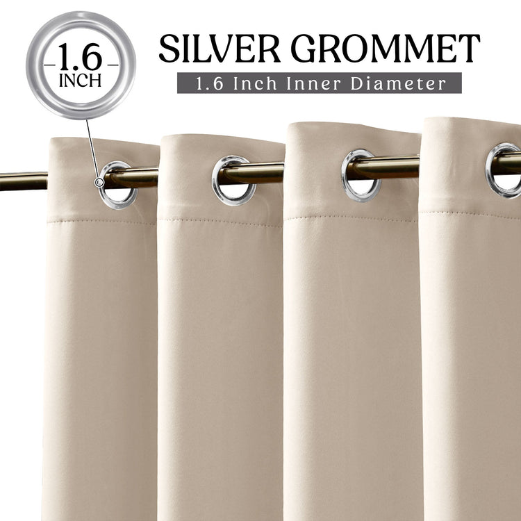 Beige curtains with silver grommets and a 1.6 inch grommet measurement label.