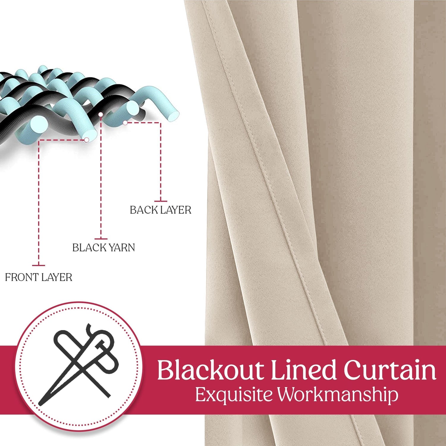 Beige blackout lined curtain with detailed diagram and text on workmanship.