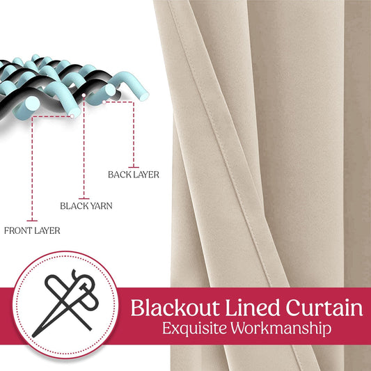 Beige curtains hanging in front of a window with a lamp and wall art in the background.