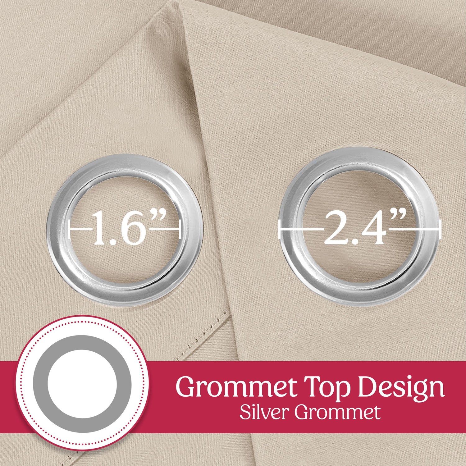 Silver grommets with measurements on beige fabric, labeled 'Grommet Top Design Silver Grommet'.