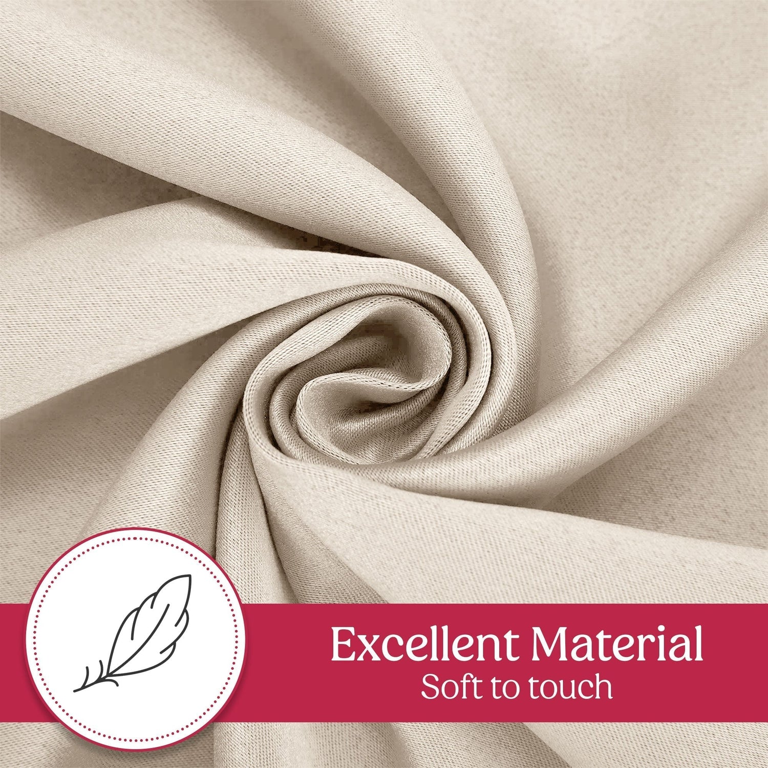 Beige fabric with a feather icon and text 'Excellent Material Soft to touch' on a red banner.